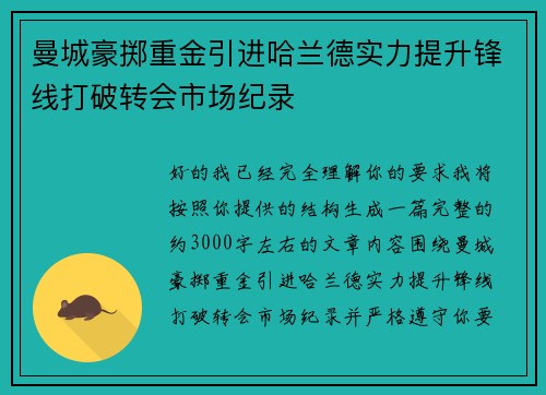 曼城豪掷重金引进哈兰德实力提升锋线打破转会市场纪录 曼城豪掷重金引进哈兰德实力提升锋线打破转会市场纪录